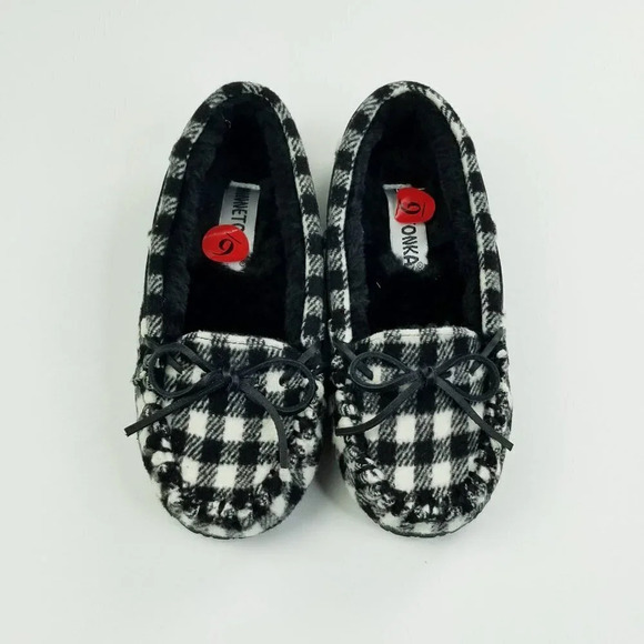 Minnetonka 6M Women's Black White Check Flannel Moccasin Faux Fur Slippers W/Bow - Picture 6 of 12